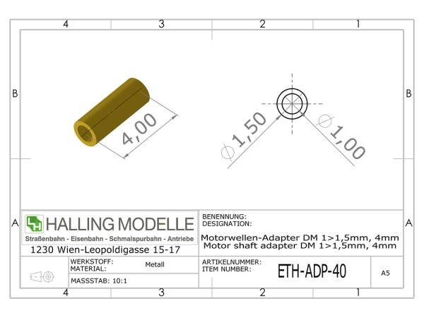 Adapterhülse für 1 mm Achse auf 1,5 mm Achse, 4 mm lang