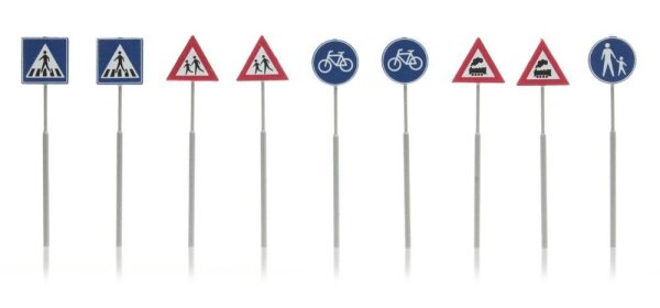 Verkehrsschilder: Fußgänger,Fahrrad, Zug